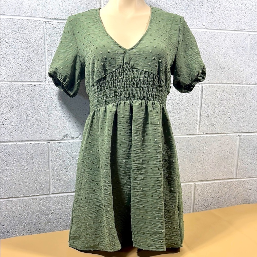 Green Textured V-Neck Dress